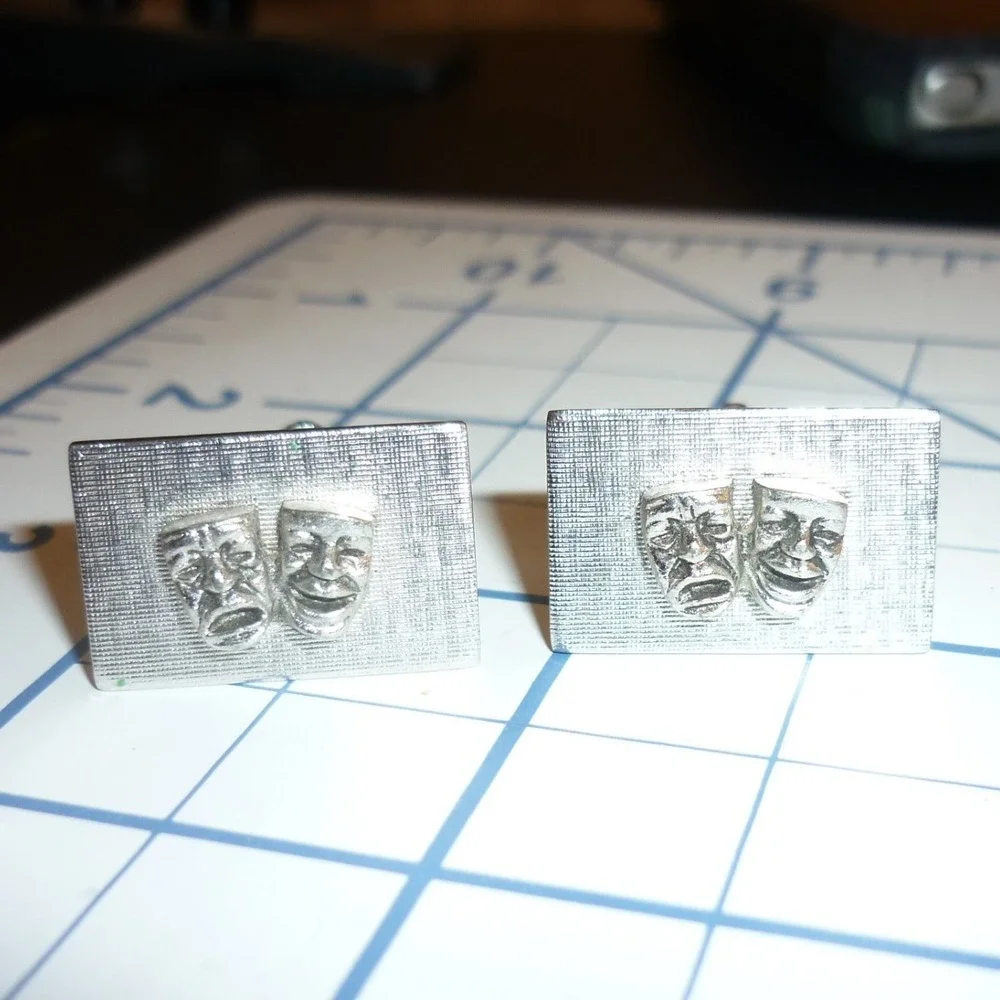 Vintage Mid Century Silver Tone‎ Comedy Tragedy Drama Mask Cufflinks Textured